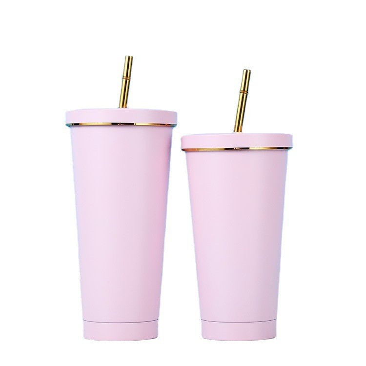 500ml 750ml Stainless steel tumblers with straw lid double walled Vacuum insulated sippy cup with gold rim macaron colors coffee cups portable water b