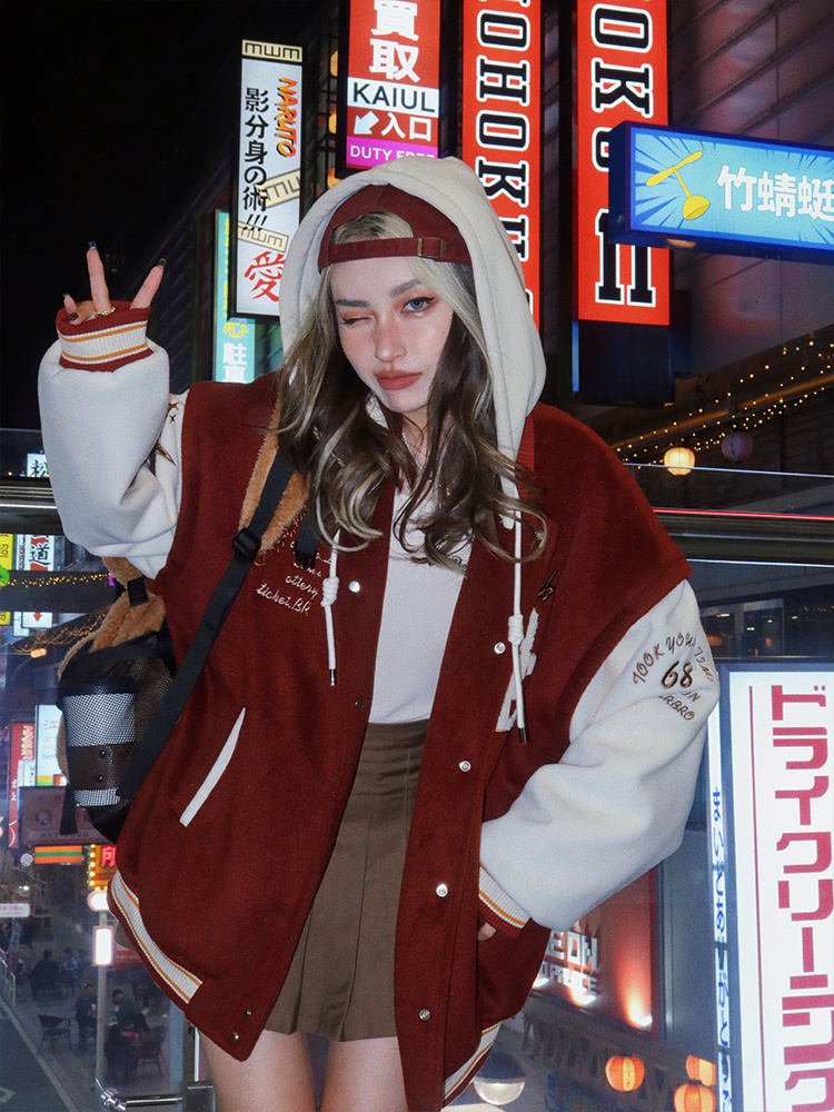 Women's Jackets American Retro Letter Embroidery Coat Baseball Jacket Winter Hooded Hip Hop Loose All-match Fashion Top Clothes 230216