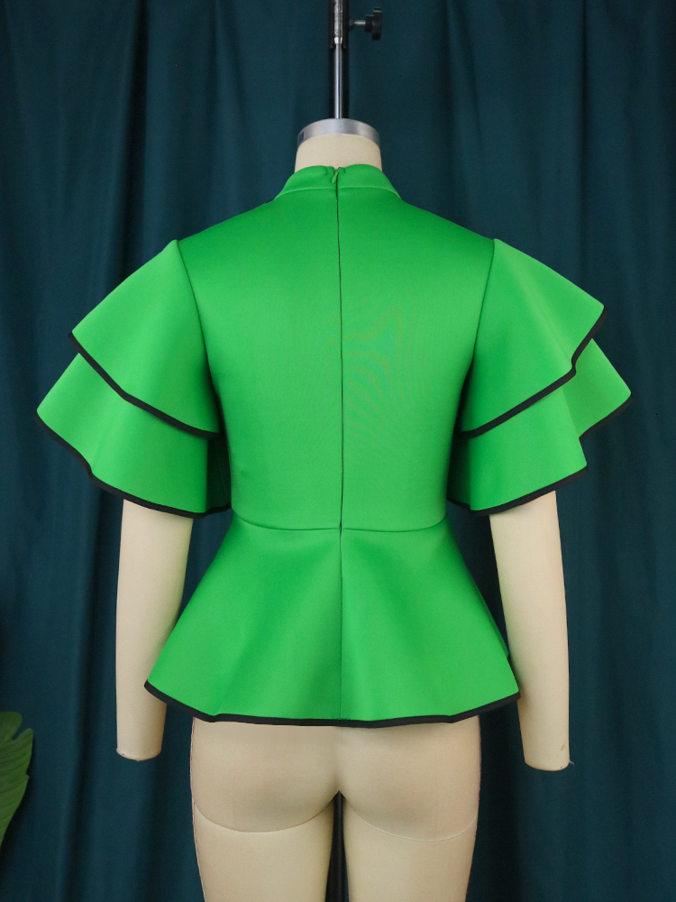 Women's Plus Size Green Short Sleeve Ruffled Peplum Blouse Elegant Patchwork T-Shirt Office Work Evening Party Tops