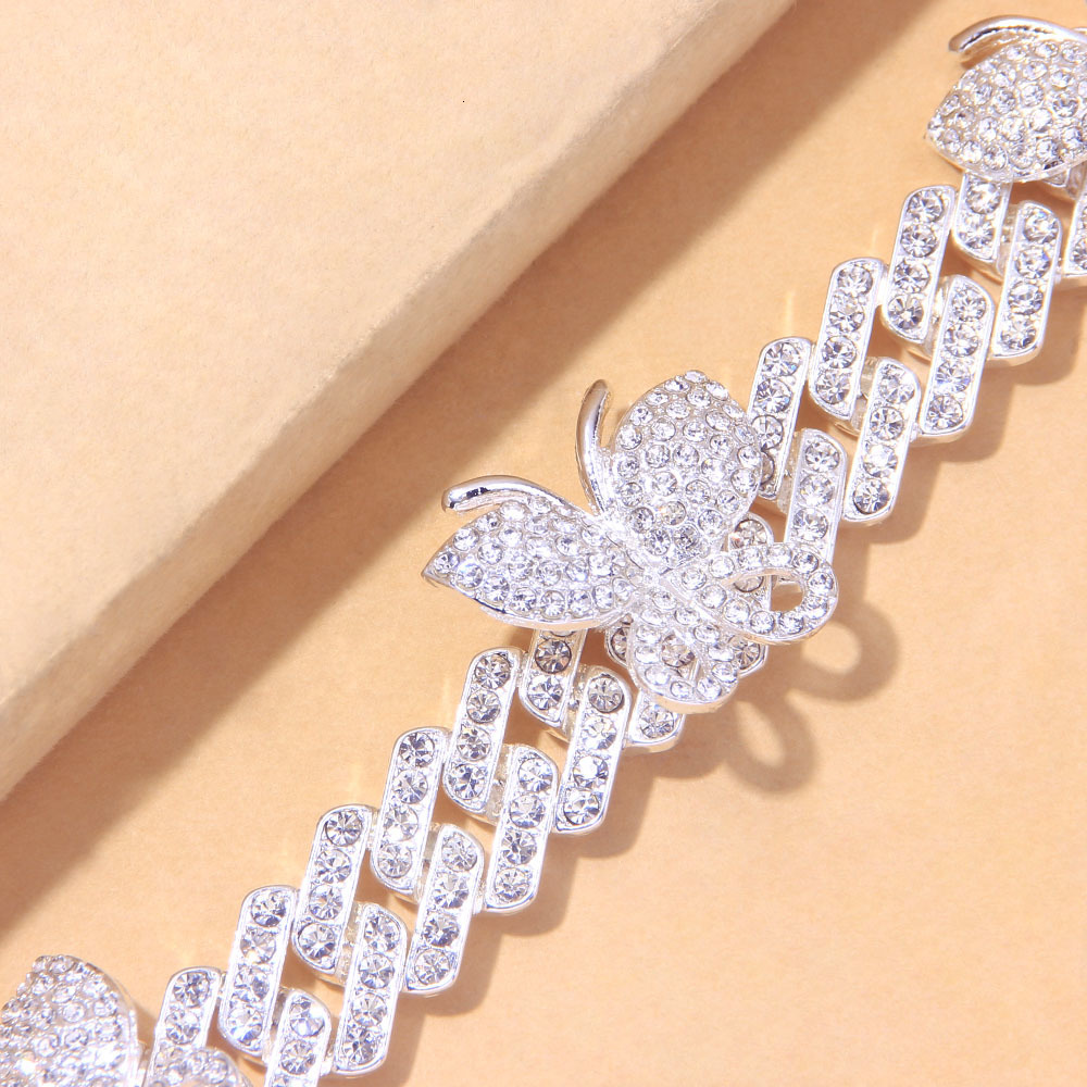 Anklets Punk Cuban Link Butterfly Anklet Wholesale Bracelet Fashion Chunky Miami Sandals Iced Out Bling Anklets for Women Men 230306