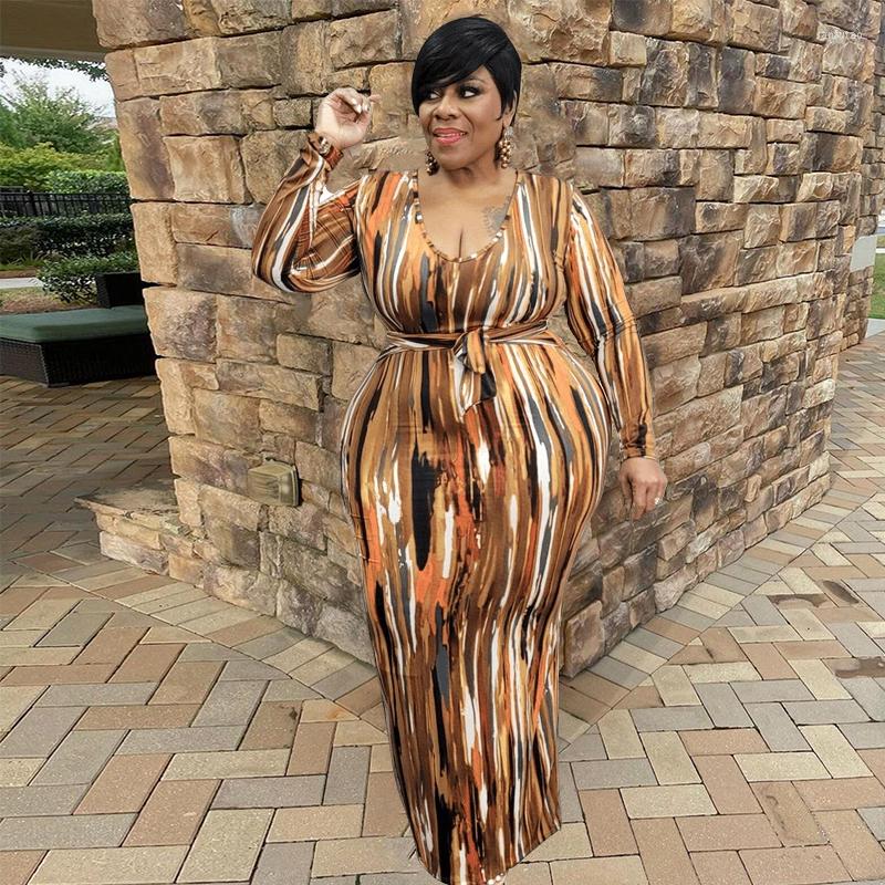 Plus Size Dresses Women Maxi Elegant Long Sleeve Dress With Belt Knitting Tie Dye Casual 5xl Wholesale Drop, Blue