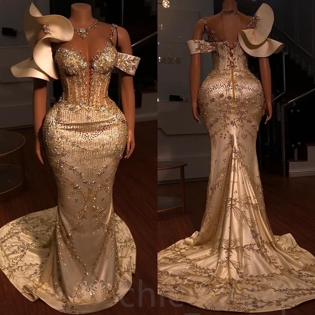 2024 Arabic Aso Ebi Gold Mermaid Prom Dresses Lace Beaded Sexy Evening Formal Party Second Reception Birthday Engagement Gowns Dress ZJ773