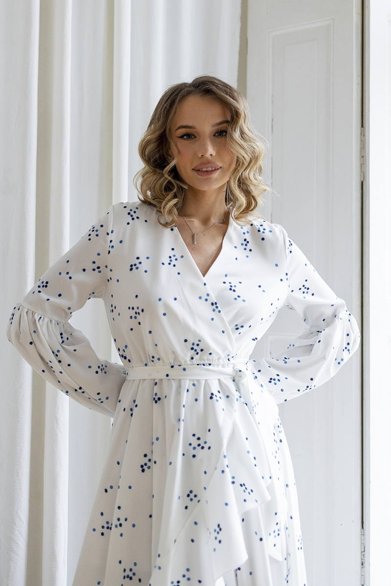 Casual Dresses Elegant Vintage Summer Bandage White Chiffon Blue Polka Dot Long Sleeve Sexy Slit Boho Beach Maxi For Women 230217