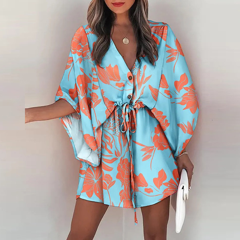 Casual Dresses Boho Beach Vacation Mini Dress Women Summer Print Lace Up Button Batwing Sleeve For Women's Loose Female Robe 230217