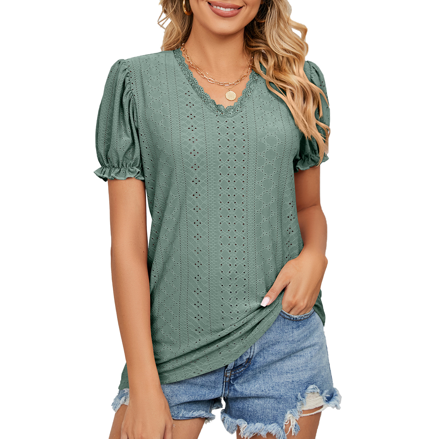Foreign trade European and American spring and summer pure color lace splicing princess sleeve hollowed-out V-neck T-shirt top female, Purple
Foreign trade European and American spring and summer pure color lace splicing princess sleeve hollowed-out V-neck T-shirt top female, Purple