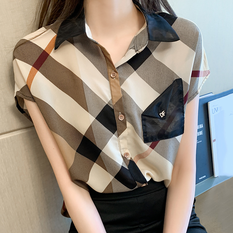 Women Summer Shirts Chiffon Office Blouses Short Sleeve Polo-Neck Lattice Ladies Loose Temperament Tops Blusas Fashion, As pic
Women Summer Shirts Chiffon Office Blouses Short Sleeve Polo-Neck Lattice Ladies Loose Temperament Tops Blusas Fashion, As pic