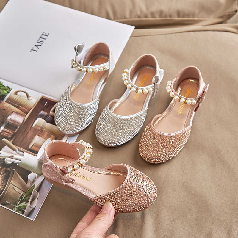 Sandals Girls Princess Sandals Children's Pearl Bow Rhinestone Flats Shoes Little Children Sweet Soft Non-slip Kids Shoes E954 W0217
