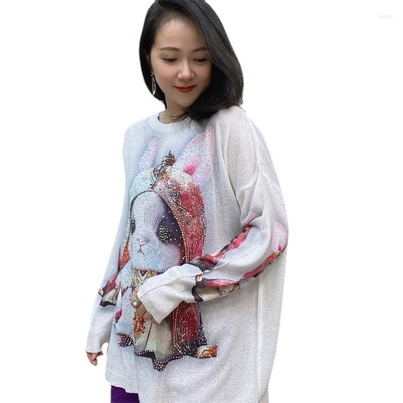 Womens T Shirts Women Tops Spring Round Neck Pullover Long Sleeve Knitted Top Diamond Print Fat MM Loose Shirt