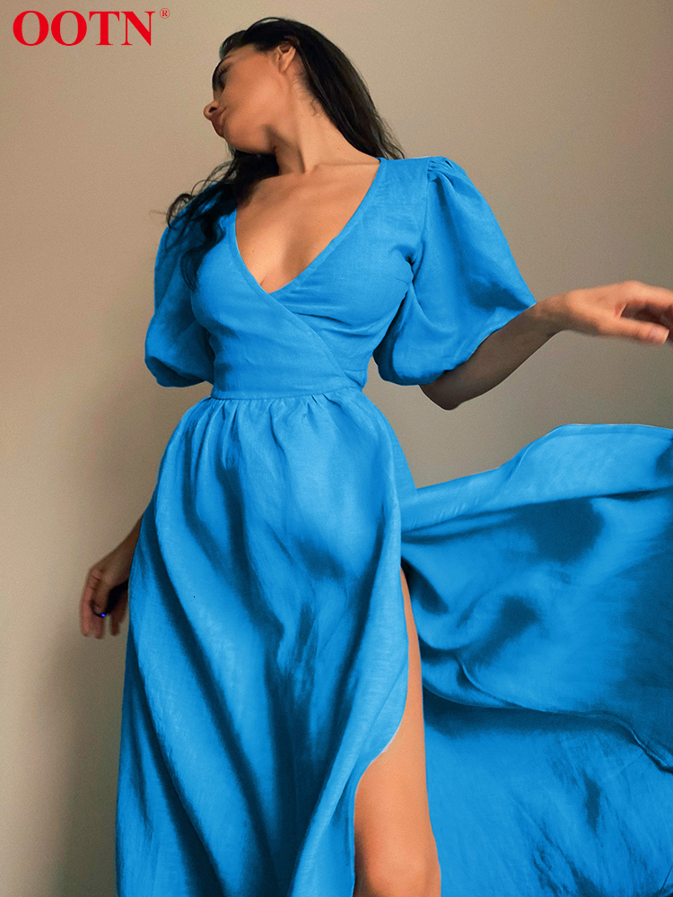 Casual Dresses OOTN V Neck Slim Long Wrap Women Elegant Short Puff Sleeve A-Lin Black Robe High Waist Sexy Midi Chic 230217
