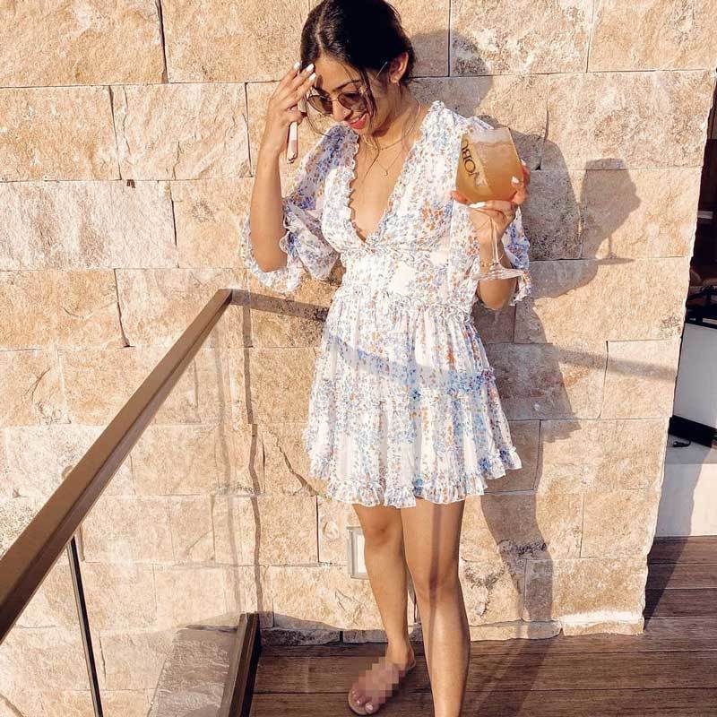 Casual Dresses BOHO INSPIRED Harlow Floral Print Ruffle Dress women backless V-neck dress mini summer ladies party 230217