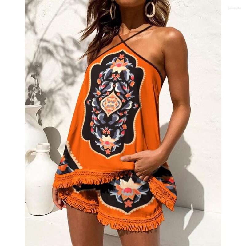 Women' Tracksuits Summer Women Tribal Print Two Pieces 2023 Spaghetti Strap Tassel Design Top & Shorts Set Sexy Street Wear Outfits, Orange 
Women' Tracksuits Summer Women Tribal Print Two Pieces 2023 Spaghetti Strap Tassel Design Top & Shorts Set Sexy Street Wear Outfits, Orange