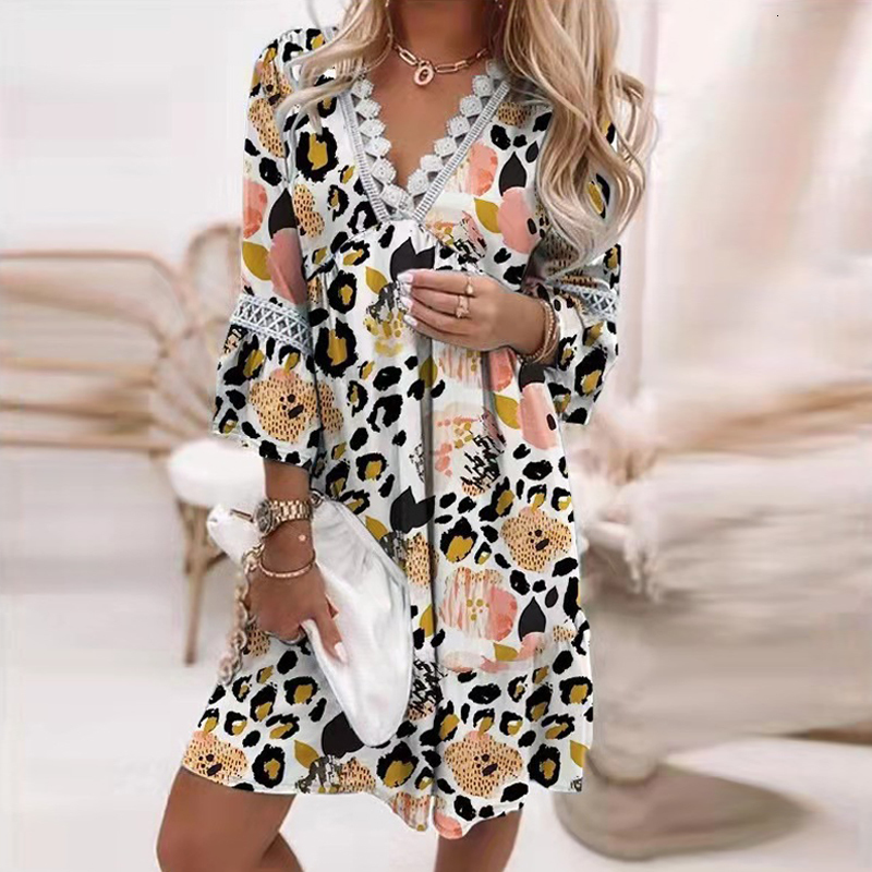 Casual Dresses Vintage Print Trumpet Sleeve Boho Beach Women Fashion Lace Patchwork V-Neck Party Lady Loose A-Line Vestidos 230217