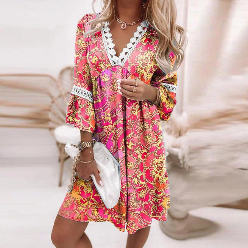 Casual Dresses Vintage Print Trumpet Sleeve Boho Beach Women Fashion Lace Patchwork V-Neck Party Lady Loose A-Line Vestidos 230217