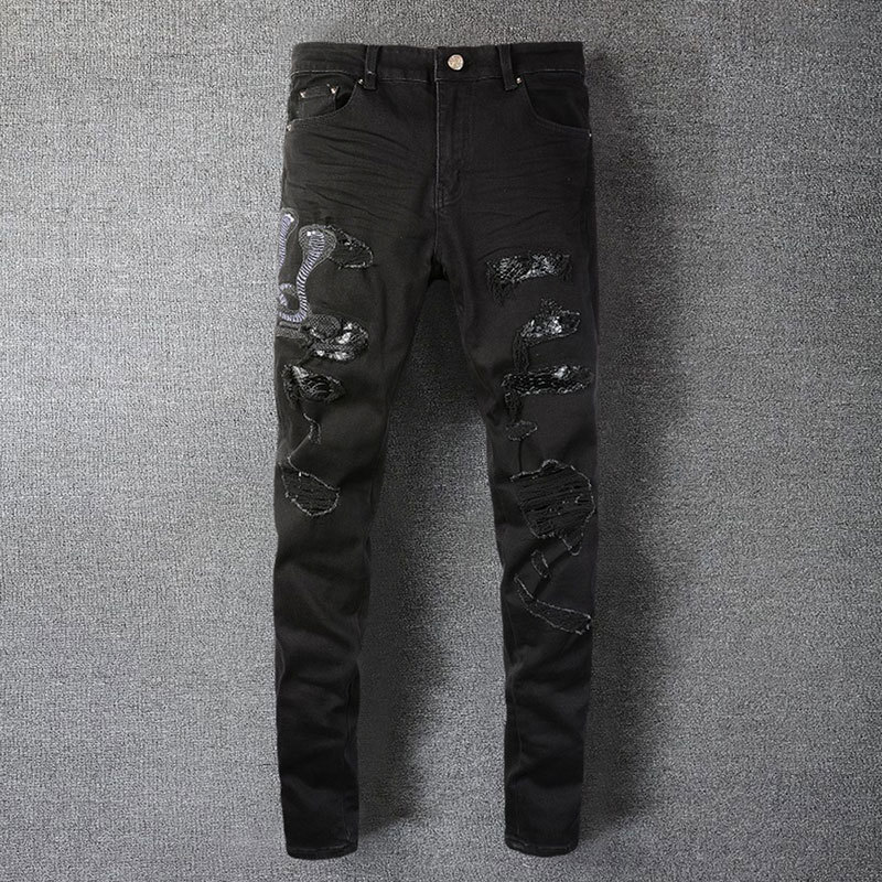 Men's Jeans High Street Animal Snake Embroidery Patchwork Hombre Motorcycle Pants Streetwear Ripped Noir Homme Zipper For Men 230216