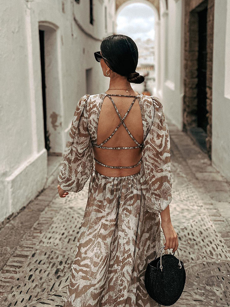 Casual Dresses Elegant Print Backless Women Spring Boho Long Sleeve Floral Hollow Out Loose Beach Vacation Lady 230217
