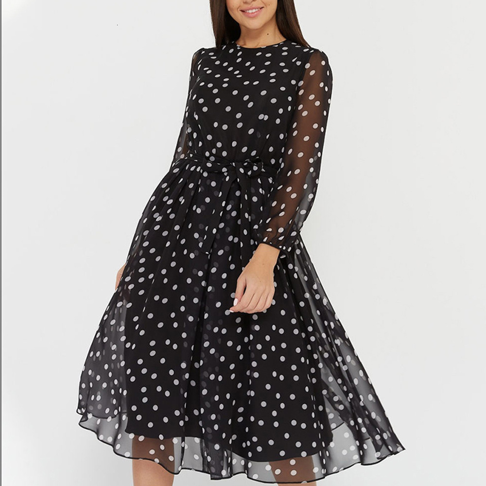 Casual Dresses Shyloli Elegant Dot Print Long Sleeve Women Boho O-neck Chiffon A-line Dress Vintage Party Vestidos 230217