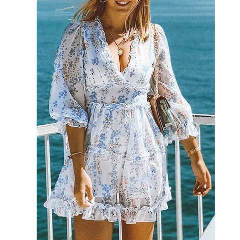Casual Dresses BOHO INSPIRED Harlow Floral Print Ruffle Dress women backless V-neck dress mini summer ladies party 230217