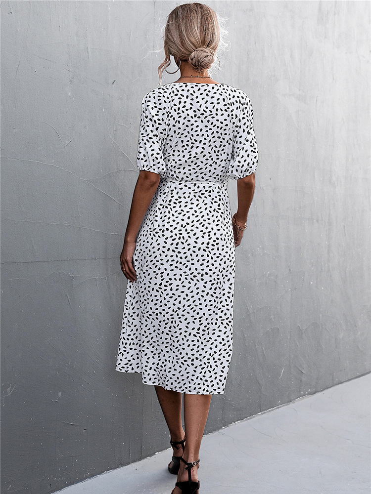Casual Dresses Women Chiffon V Neck Side Wrap Midi Summer Polka Dot Female Puff Sleeve Boho Fashion A-line Split 230217