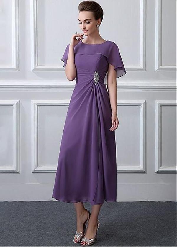 Chiffon A-Line Mother Of The Bride Dresses Tea Length Purple Wedding Guest Dress Pleats Cape Shawl Plus Size Groom Mom Prom Party Gowns Summer Formal 