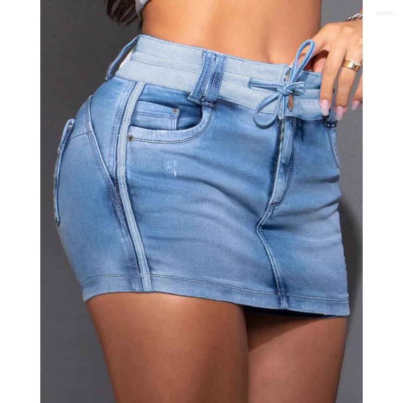 

Women' Shorts Summer Women Contrast Binding Ripped Drawstring Denim Skorts Fashion Femme Casual Washed Pants Skirt Boho Streetwear, Blue