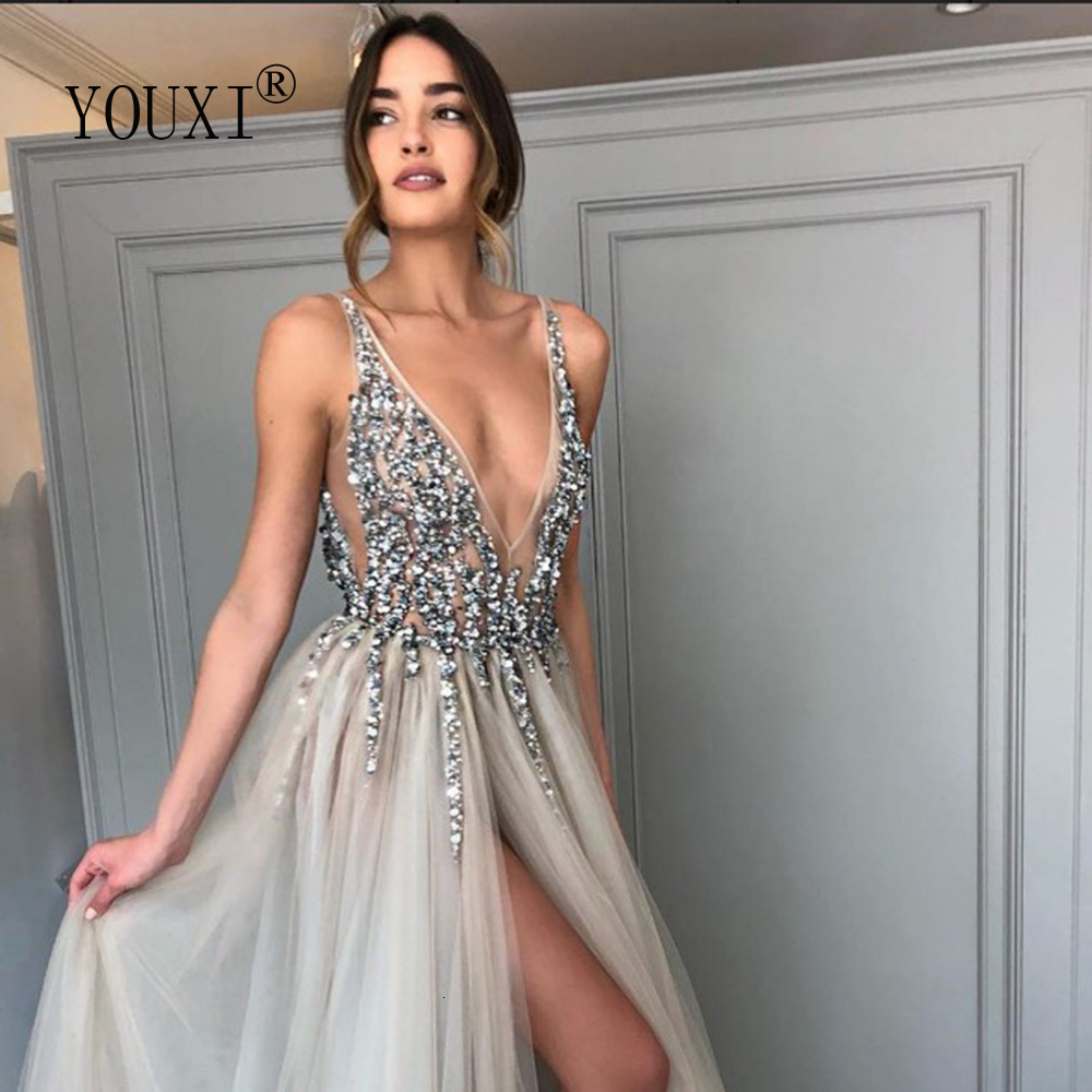 Party Dresses Beading Prom Dresses Long V Neck Light Gray High Split Tulle Sweep Train Sleeveless Evening Gown A-Line Backless Vestido De 230217