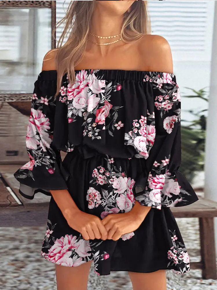 Casual Dresses Sexy Off Shoulder Women Chiffon Floral Beach Fashion Elegant Long Sleeve Party Summer Boho Mini 230217