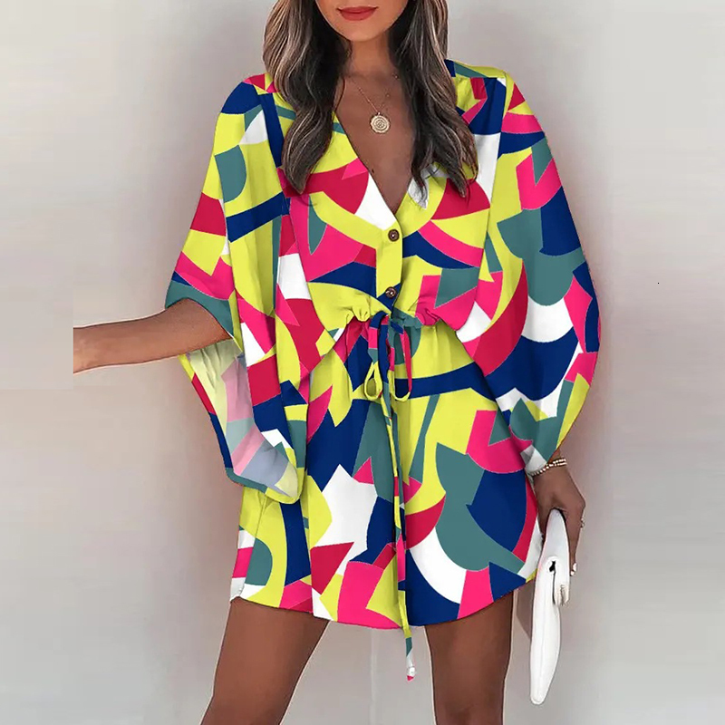 Casual Dresses Boho Beach Vacation Mini Dress Women Summer Print Lace Up Button Batwing Sleeve For Women's Loose Female Robe 230217