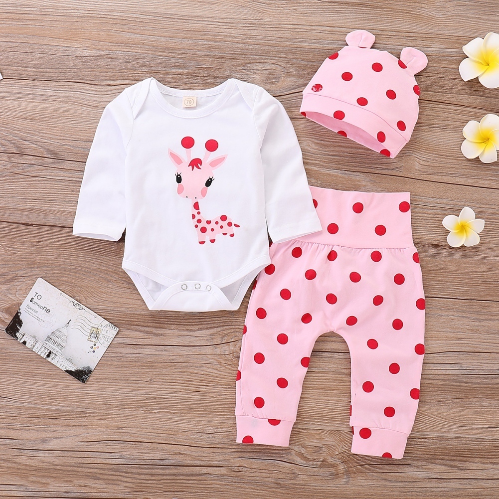 Clothing Sets Baywell Autumn Casual Baby Girl Suits Giraffe Bodysuit Polka Dots Pants Cap 3 pcs Spring Kids Clothing Set 0-18 Months 230217