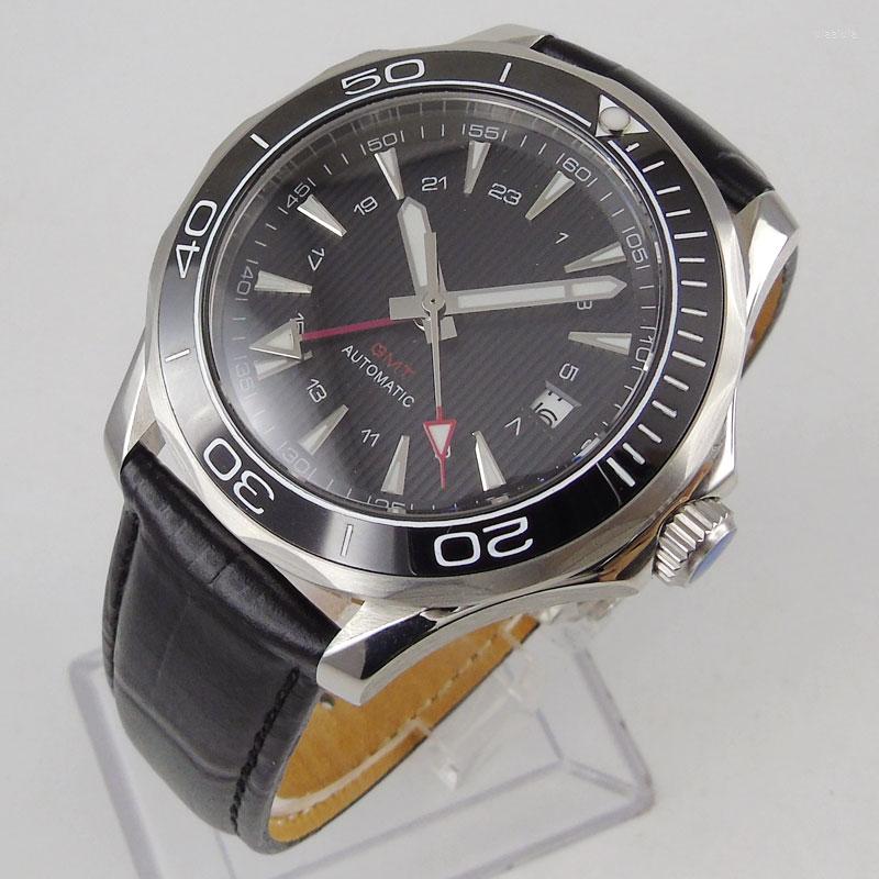 Wristwatches 41mm Black Sterile Dial Ceramic Leather Men's Watch Automatic GMT Movement Sapphire Glass Date Window, Glass case back
Wristwatches 41mm Black Sterile Dial Ceramic Leather Men's Watch Automatic GMT Movement Sapphire Glass Date Window, Glass case back