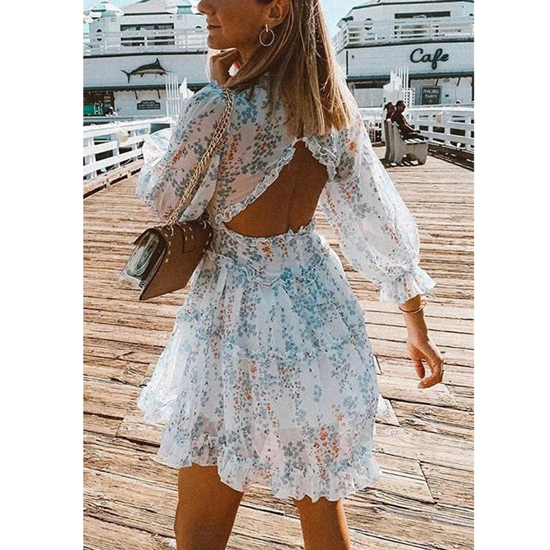 Casual Dresses BOHO INSPIRED Harlow Floral Print Ruffle Dress women backless V-neck dress mini summer ladies party 230217