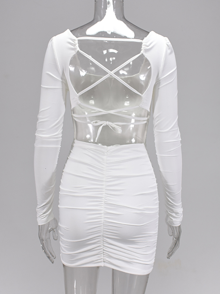 Casual Dresses Asia Double Layers Sexy Women Long Sleeve Club Backless Lace Up Ruched White Mini Bodycon Vestidos 230216