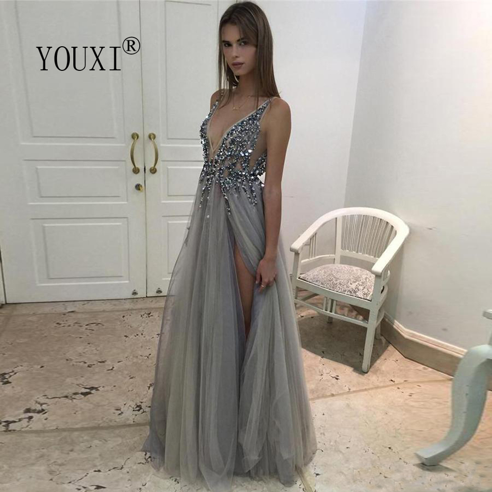 Party Dresses Beading Prom Dresses Long V Neck Light Gray High Split Tulle Sweep Train Sleeveless Evening Gown A-Line Backless Vestido De 230217
