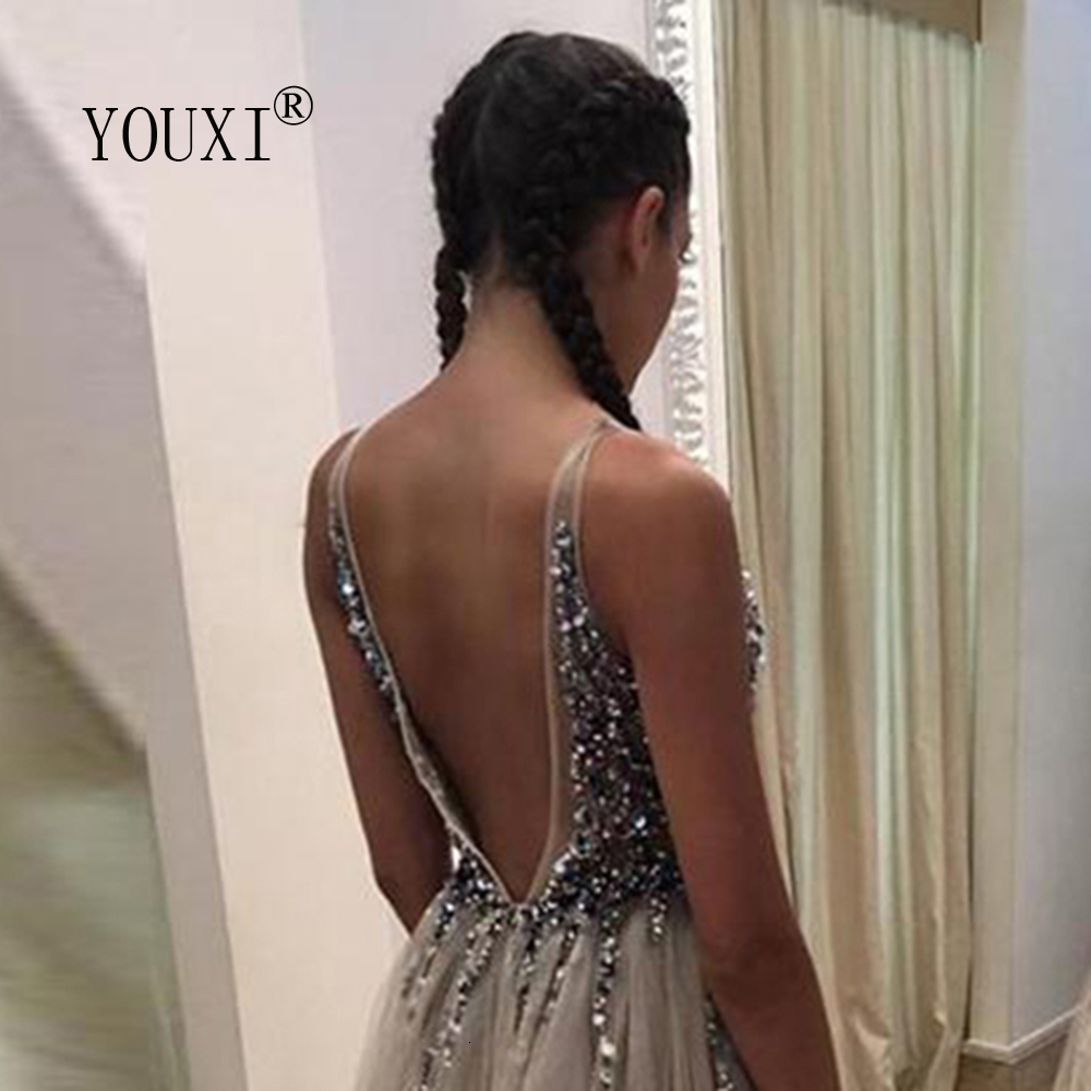 Party Dresses Beading Prom Dresses Long V Neck Light Gray High Split Tulle Sweep Train Sleeveless Evening Gown A-Line Backless Vestido De 230217