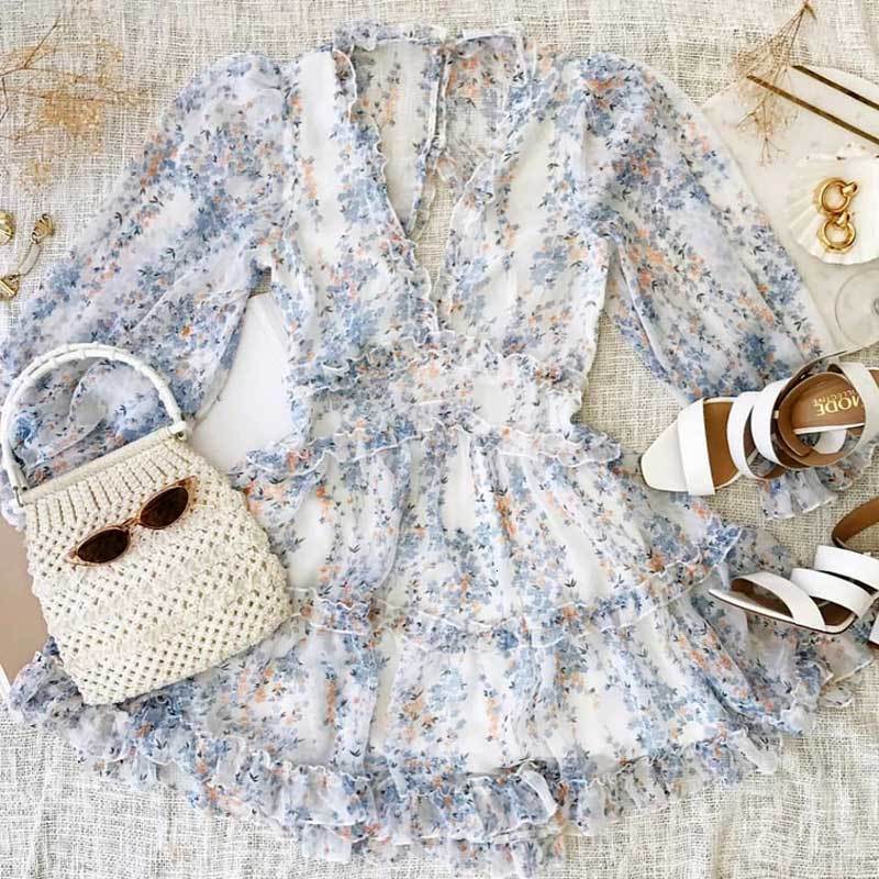 Casual Dresses BOHO INSPIRED Harlow Floral Print Ruffle Dress women backless V-neck dress mini summer ladies party 230217