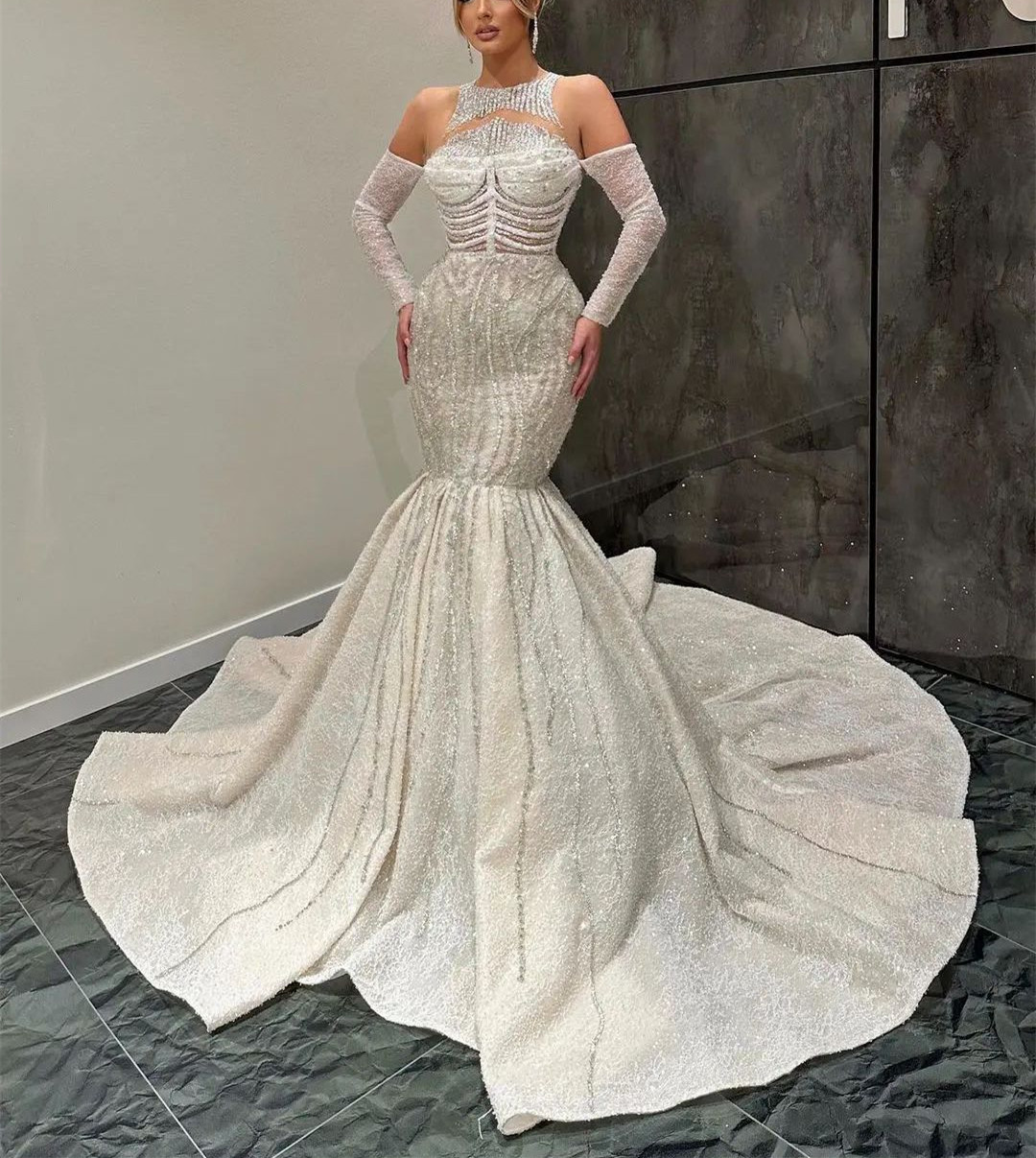 Luxury Mermaid Wedding Dresses Long Sleeves Halter 3D Lace Appliques Sequins Beaded Diamond Floor Length Trumpet Train Plus Size Elegant Bridal Gowns 