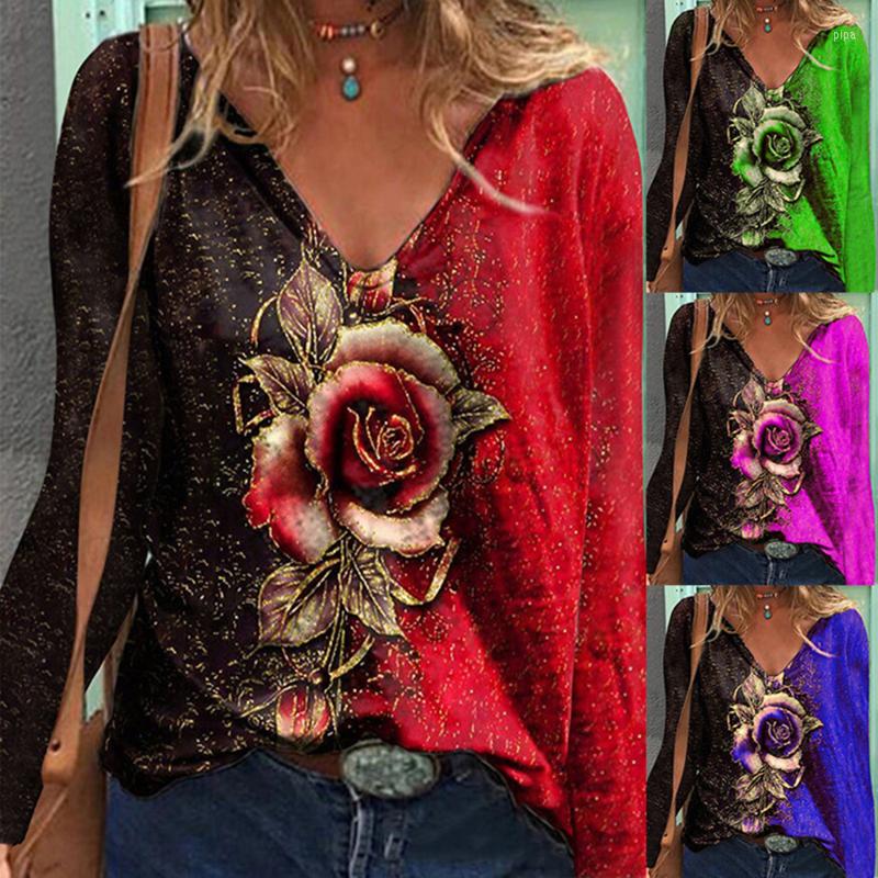 Women's Polos Women Tee Shirts Long Sleeve V-Neck Flowers Print T-shirt Casual Fashion Female Autumn And Winter Tops, Red 
Women's Polos Women Tee Shirts Long Sleeve V-Neck Flowers Print T-shirt Casual Fashion Female Autumn And Winter Tops, Red