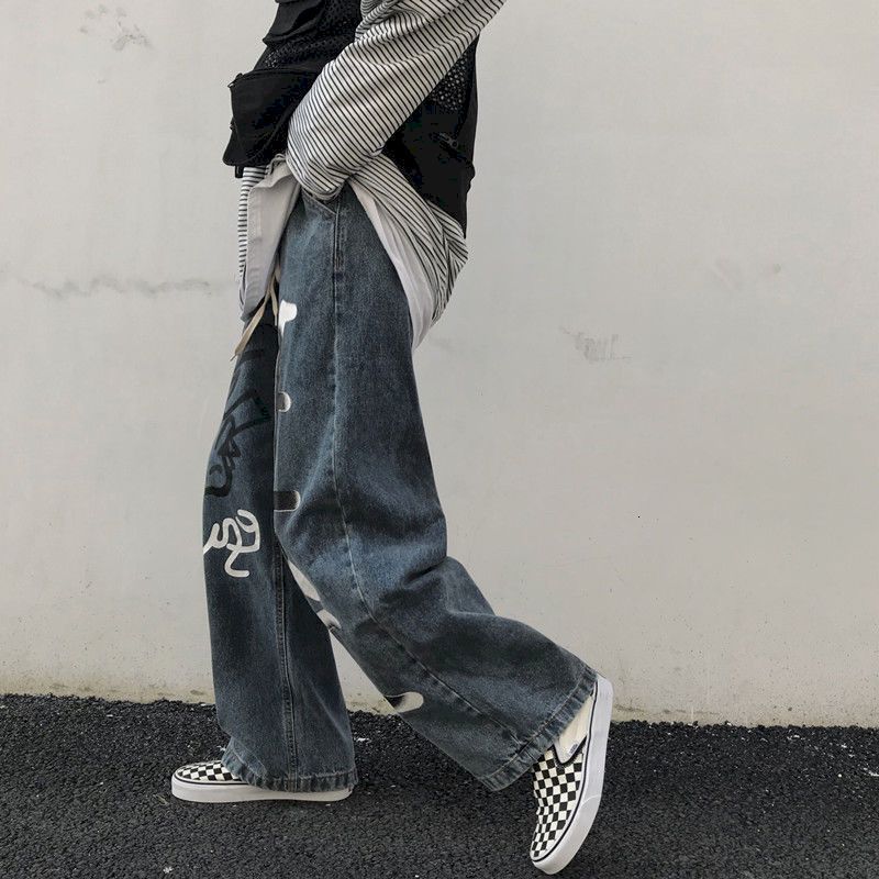 Men's Jeans Y2k Mens Korean Casual Streetwear Blue Harajuku Vintage Jeans Graffiti Wide Leg Baggy Straight Denim Pants Trousers Men Clothes 23021