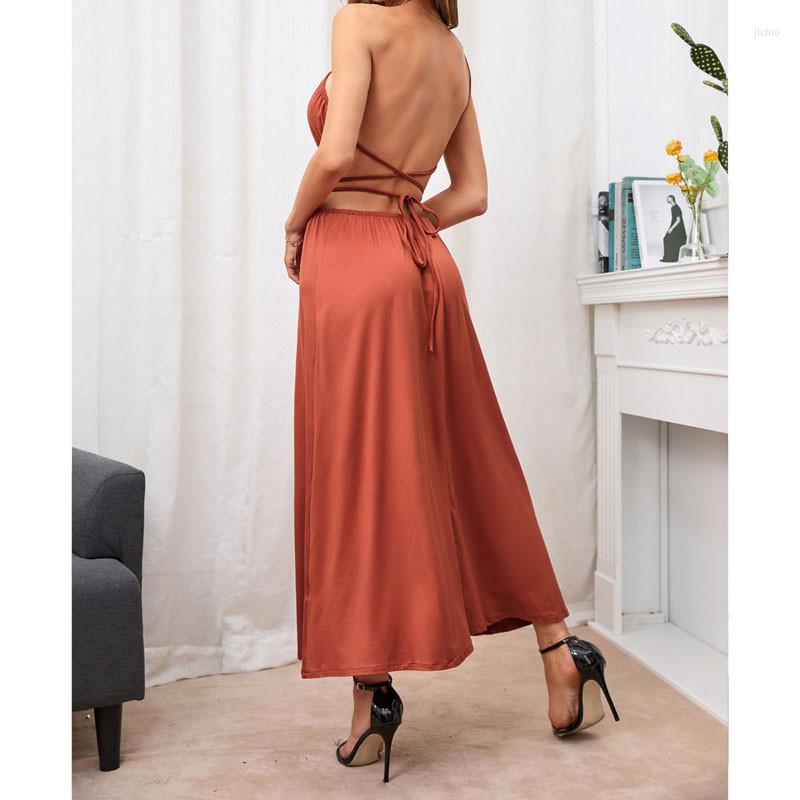 Casual Dresses Women A-line Dress Sexy Low Cut Elastic Waist Out Backless Sleeveless Solid Color Ankle Long Elegant Party