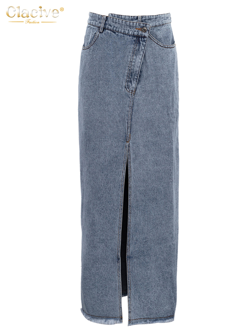 Skirts Clacive Vintage Loose Chic Skirts For Women Elegant High Waist Office Lady Long Skirt Fashion Blue Denim Skirt Female Clothing 230217