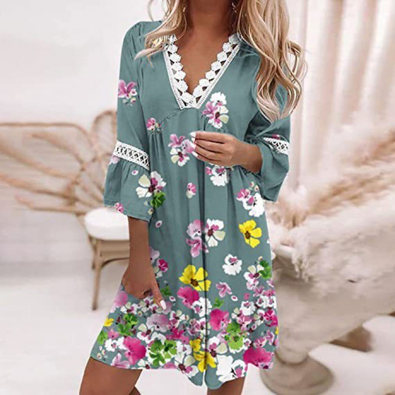 Casual Dresses Vintage Print Trumpet Sleeve Boho Beach Women Fashion Lace Patchwork V-Neck Party Lady Loose A-Line Vestidos 230217