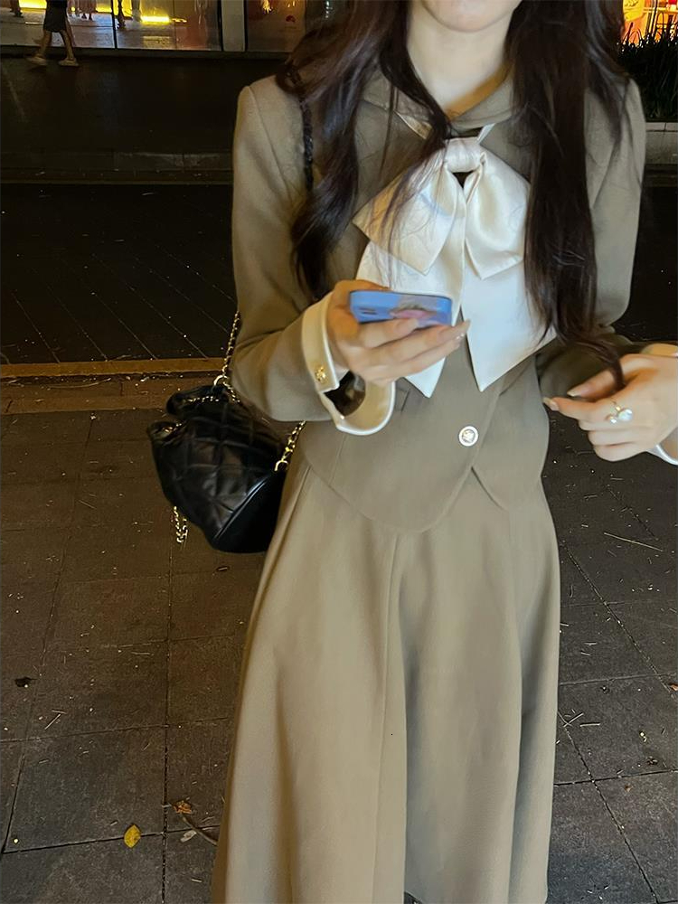 Two Piece Dress Autumn Vintage Set Women Japanese Elegant Bow Midi Skirt Female Casual Korean Fashion Long Party Suit 230216