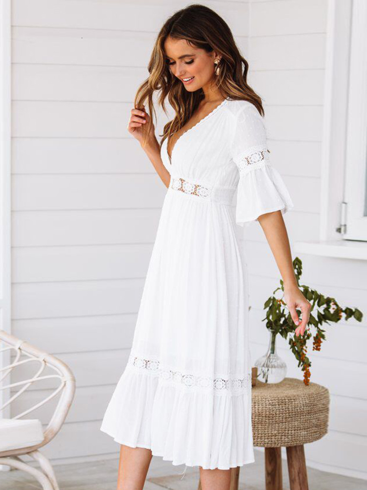 Casual Dresses Summer White Long Women Boho Hollow Out Patchwork Short Sleeve V-neck Loose Fashion Elegant Woman 230217