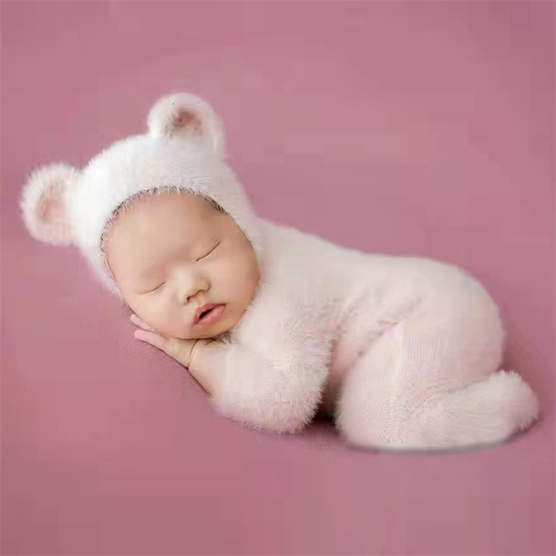 Clothing Sets Furry Baby Bear Rompers Footed Jumpsuit Hat 2pcs Sets Mink Hair Infant Boy Girl Pography Clothing Costumes Po Props 230217