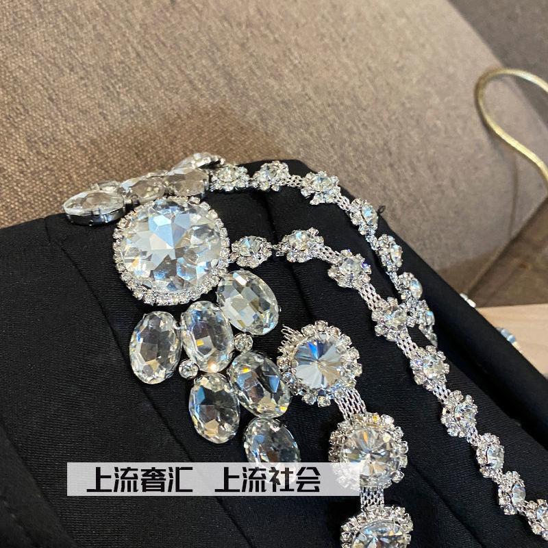 Two Piece Dress Diamond Chain Irregular Jacket OL Turn Down Collar Blazer Coat Crystal Tops Beads Package Skirt Woman Suit 2pcs Set 230216