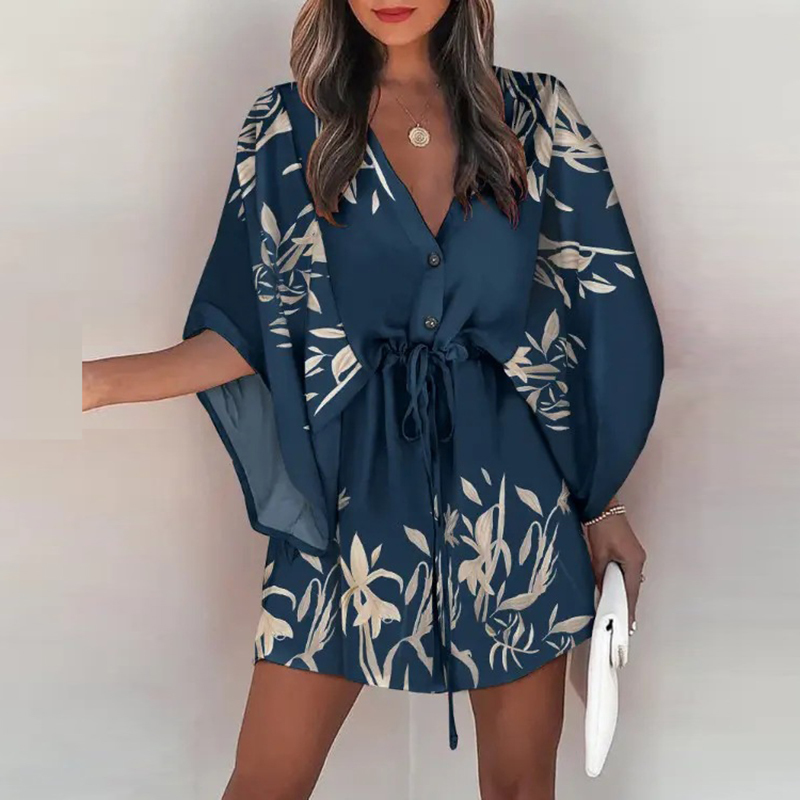 Casual Dresses Boho Beach Vacation Mini Dress Women Summer Print Lace Up Button Batwing Sleeve For Women's Loose Female Robe 230217