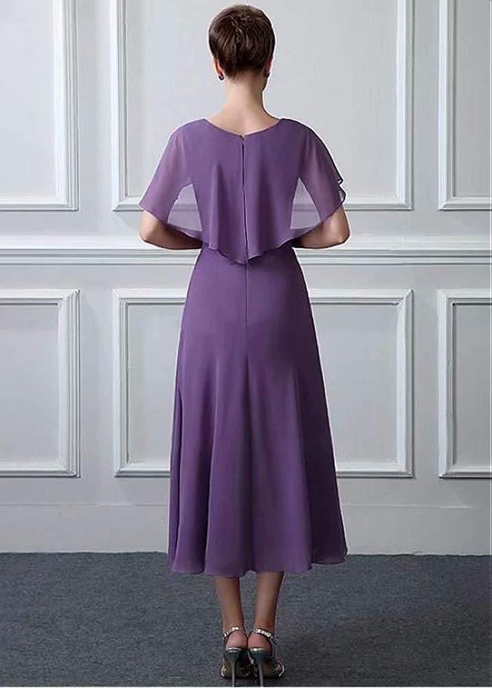 Chiffon A-Line Mother Of The Bride Dresses Tea Length Purple Wedding Guest Dress Pleats Cape Shawl Plus Size Groom Mom Prom Party Gowns Summer Formal 
