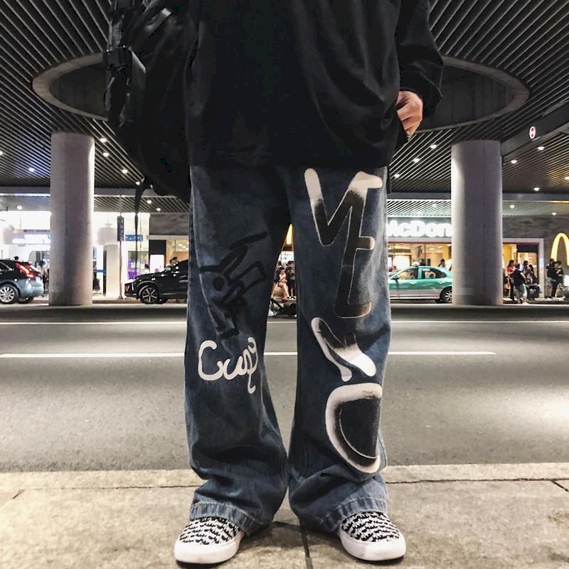 Men's Jeans Y2k Mens Korean Casual Streetwear Blue Harajuku Vintage Jeans Graffiti Wide Leg Baggy Straight Denim Pants Trousers Men Clothes 23021