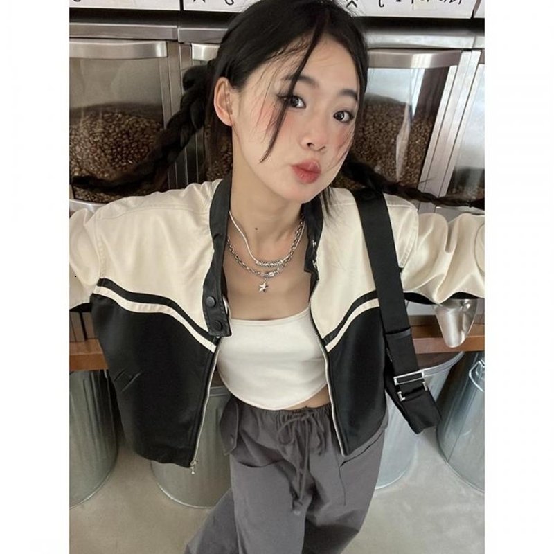 Womens Leather Tonngirls Leather Jacket Women Casual PU Y2k Vintage Jackets Female Patchwork Streetwear American Retro Locomotive Coat Leather 230216