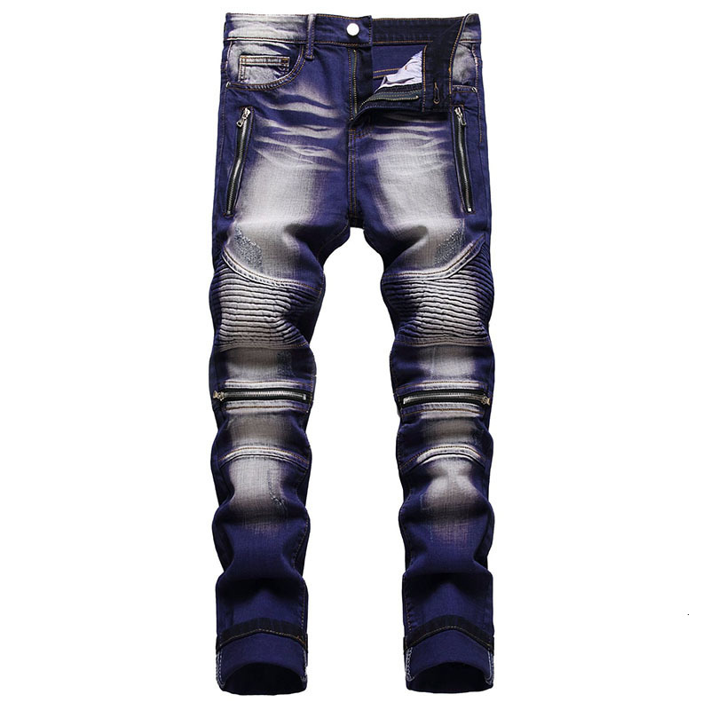 Men's Jeans High Quality Men Casual Coated Straight Pleated Biker Male Motorcycle Denim Pants Vaqueros Hombre Plus Size 42 230217
