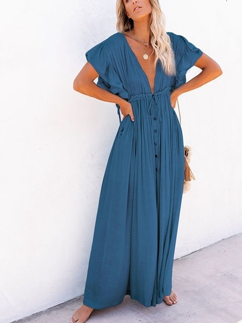 Casual Dresses Summer Beach Maxi Dress Women Boho Long Bikini Cover Up High Waist V-Neck Sexy White Vestidos De Mujer 230217